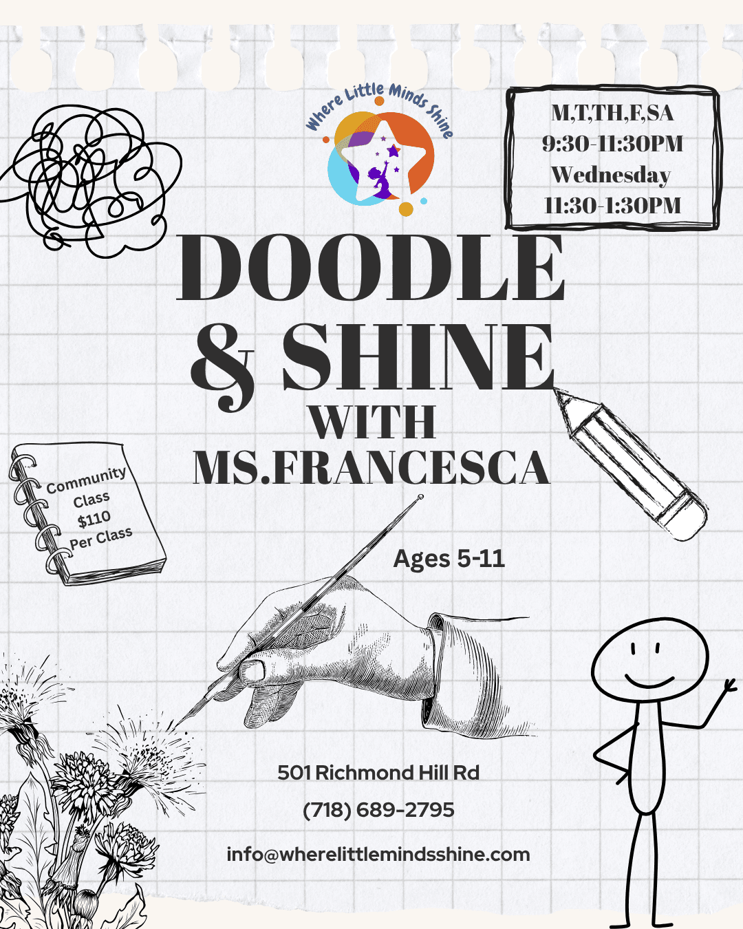 Flyer for Doodle & Shine classes with doodles, contact info, and class times.